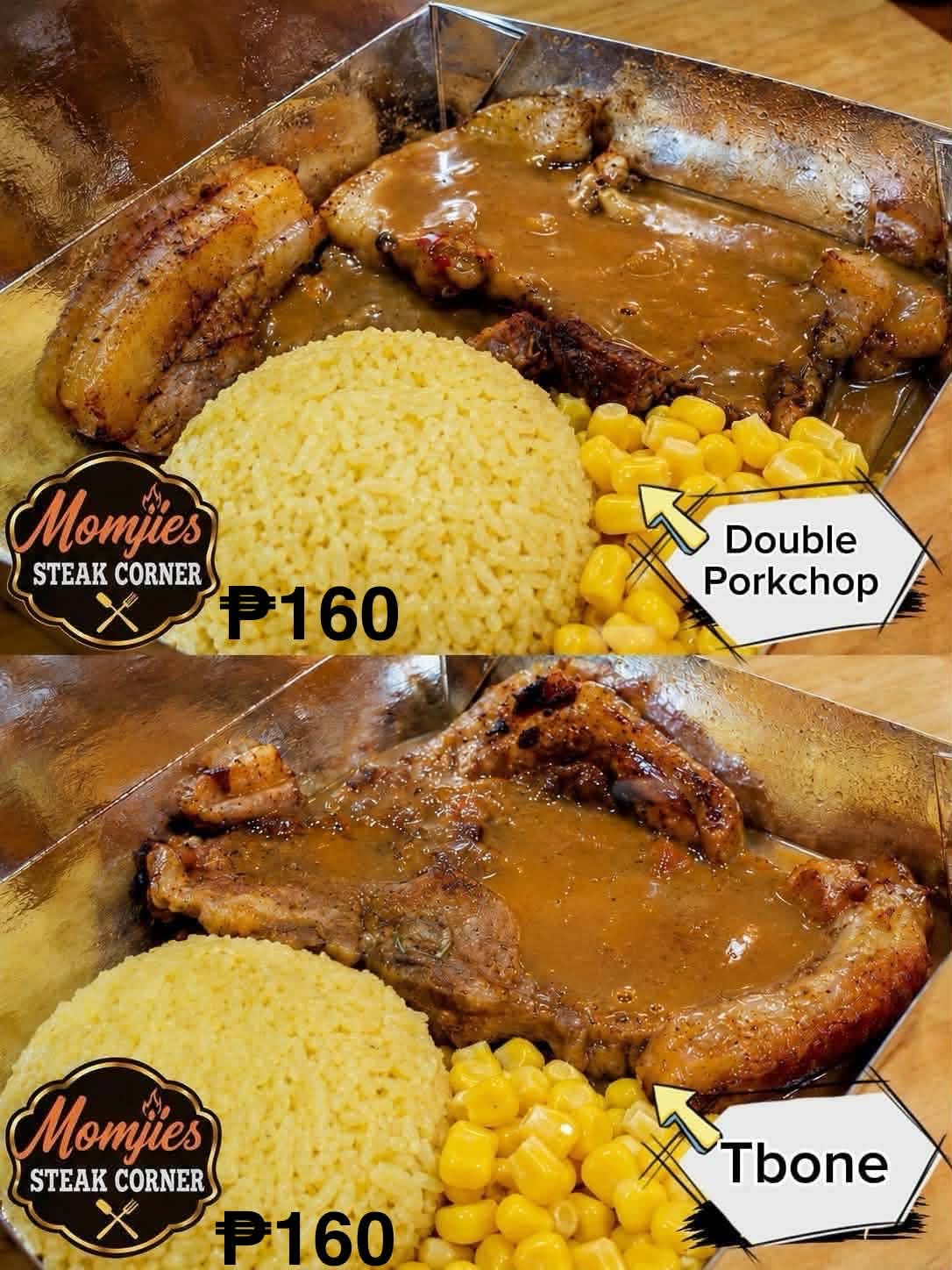 MomJie T-bone and double porkchop steak meals with Java rice, corn, and gravy